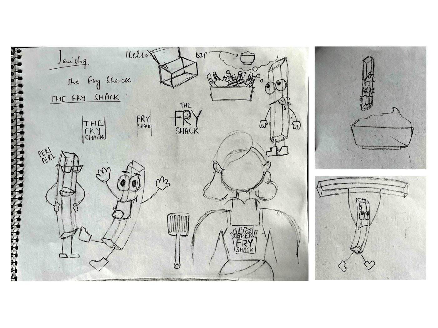 Rough paper sketches of the Fry Shack fries character